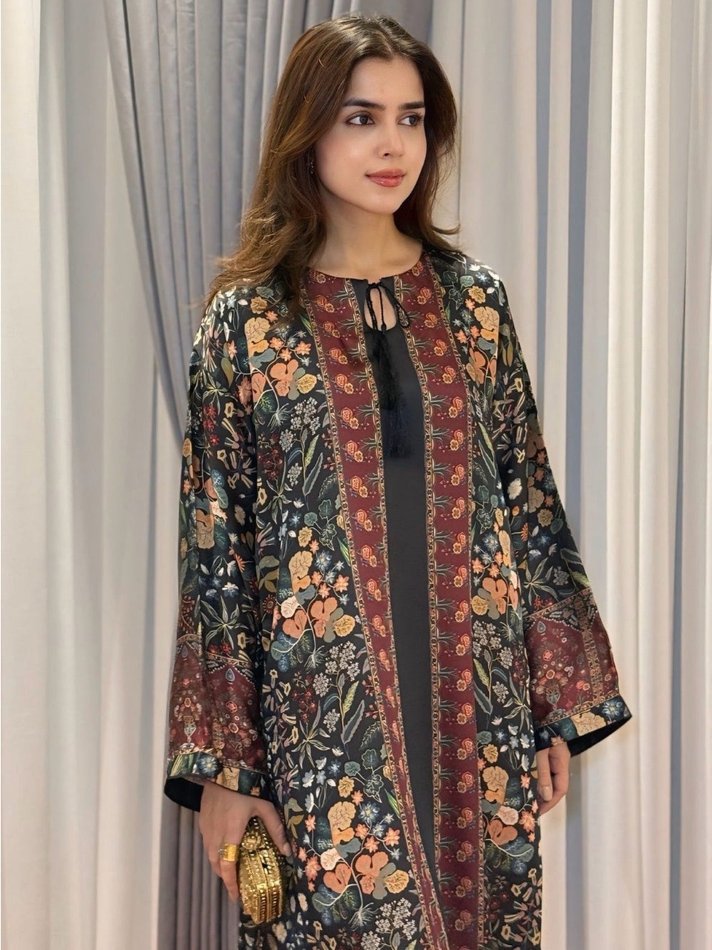 Bohemian Floral Kaftan-Kurta in Black and Rust (Fixed Price)
